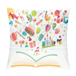 Personality  Imagination Concept - Open Book With Air Balloon, Rocket, Airplane Flying Out Pillow Covers