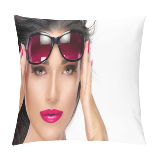 Personality  Beautiful Model Holding Fashion Sunglasses On Forehead Pillow Covers
