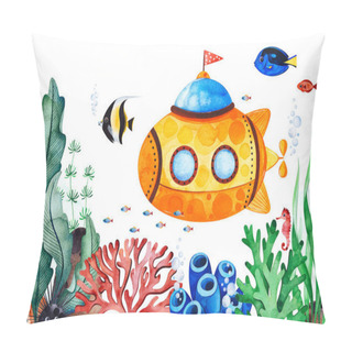 Personality  Watercolor Picture With Underwater Creatures And Submarine On White Background  Pillow Covers