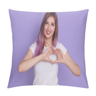 Personality  Good Looking Female With Purple Hair Looking At Camera With Toothy Smile, Showing Love Symbol, Making Heart Gesture With Fingers, Expressing Positive, Isolated Over Purple Background. Pillow Covers