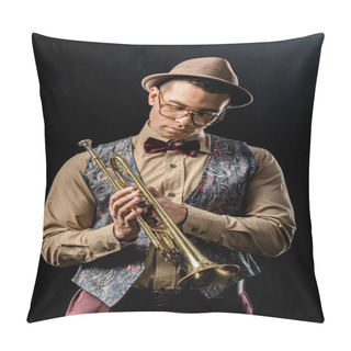 Personality  Mixed Race Male Musician Posing With Trumpet Isolated On Black Pillow Covers