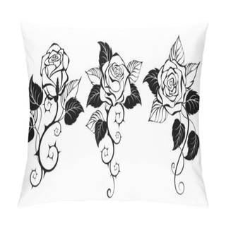 Personality  Three, Artistically Drawn, Contour, Black, Prickly, Blooming Roses With Black Leaves On White Background. Design With Rose. Gothic Style. Pillow Covers
