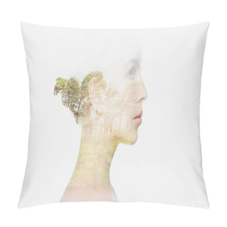 Personality  Beautiful Young Woman Face Over Natural Background Pillow Covers