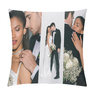 Personality  Collage Of Handsome Bridegroom In Black Suit And Beautiful African American Bride In White, Satin Wedding Dress On White Background Pillow Covers