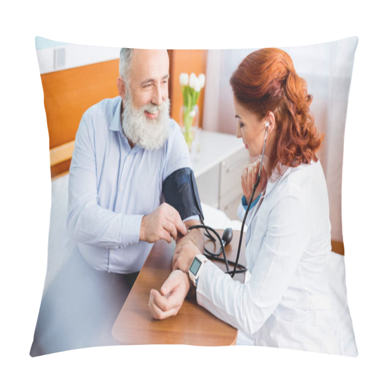 Personality  Doctor Measuring Pressure Of Patient Pillow Covers