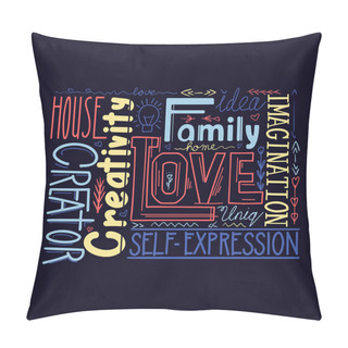 Personality  Lettering Composition Of Different Words On Dark Background. Human Life Values. Family, Love And Inspiration. Creativity And Imagination. Multicolored Phrase. Vector Quote With Decoration For Card Pillow Covers