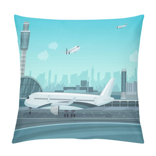 Personality  Airport Terminal Building With Aircraft Taking Off. Monochrome Mono Color Vector Airport Landscape. Pillow Covers