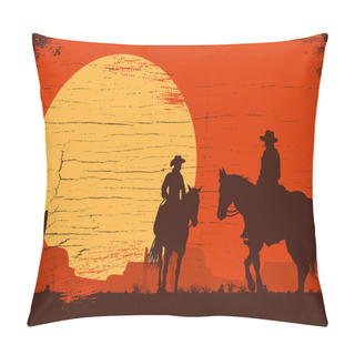 Personality  Silhouette Of Cowboy Couple Riding Horses At Sunset, Vector Pillow Covers