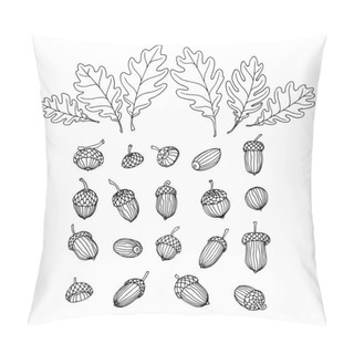 Personality  Set Of Acorns And Oak Leaves, Elements Of Decorative Ornament Or Pattern, Vector Illustration With Black Ink Contour Lines Isolated On A White Background In Doodle & Hand Drawn Style Pillow Covers