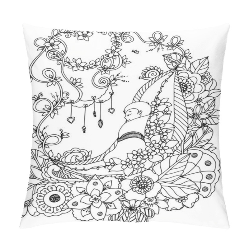 Personality  Vector illustration zentangl, the baby is sleeping in the flowers. Doodle drawing. Coloring book anti stress for adults. Black white. pillow covers