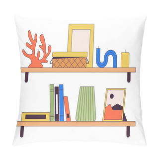 Personality  Shelves With Cute Domestic Accessories 2D Linear Cartoon Objects Set. Interior Decor On Racks Isolated Line Vector Elements White Background. Home Design Color Flat Spot Illustration Collection Pillow Covers