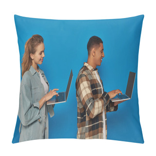 Personality  Happy Interracial Freelancers Using Laptops On Blue Backdrop, Diverse Cultures Man And Woman, Side Pillow Covers