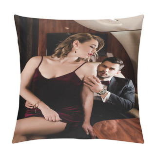 Personality  Seductive, Elegant Woman Sitting On Laps Of Handsome Man In Plane Pillow Covers