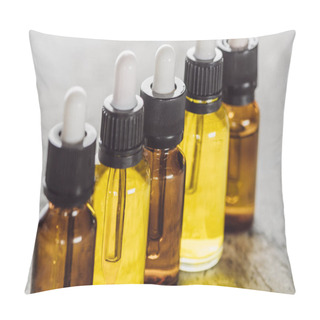 Personality  Close Up View Of Bottles With Natural Serum On Grey Stone Surface Pillow Covers