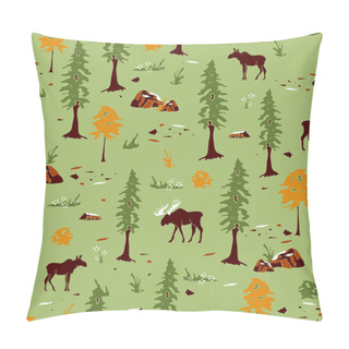 Personality  Seamless Vector Pattern With Moose Landscape On Light Green Background. Canadian Forest Wallpaper Design. Animal Fabric Fashion. Pillow Covers
