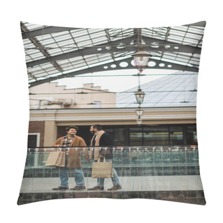 Personality  Full Length Of Stylish Gay Partners With Shopping Bags Walking Under Transparent Roof Near Building With Shops Pillow Covers