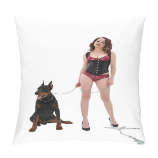 Personality  Woman In Lingerie Holding Dog On Metal Chain Pillow Covers