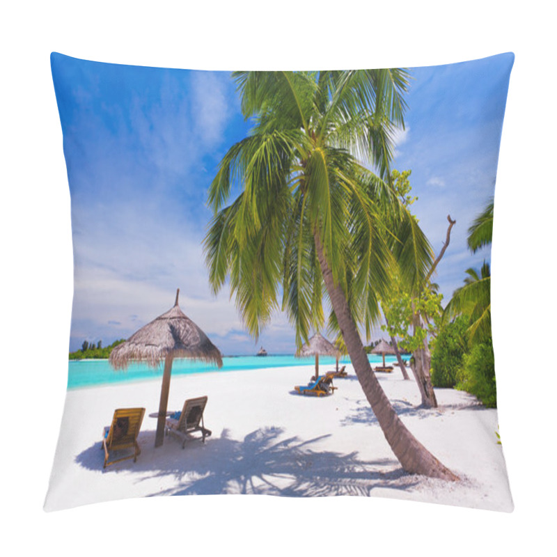 Personality  Deck chairs under palm trees on a tropical beach pillow covers