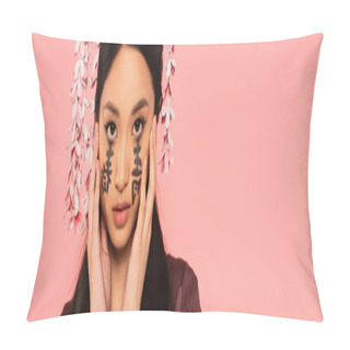 Personality  Portrait Of Asian Woman With Hieroglyphs Of Face Isolated On Pink, Banner  Pillow Covers