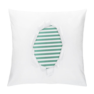 Personality  Ragged Hole In Textured White Paper On Green Striped Background  Pillow Covers