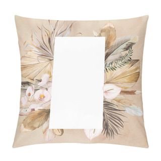 Personality  Watercolor Bohemian Circle Frame With Feathers, Tropical Flowers, Dried Palm Leaves And Pampas Grass Illustrationwith Watercolor Background, Copy Space. Element For Wedding Design  Pillow Covers