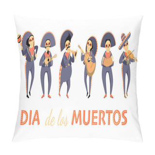 Personality  Dia De Los Muertos Banner With Funny Skeletons In Traditional Mariacci Clothes Playing Musical Instruments. Cartoon Illustration In Flat Style Pillow Covers