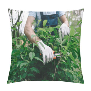 Personality  Cropped View Of Gardener In Gloves Pruning Bush With Trimmer In Garden Pillow Covers
