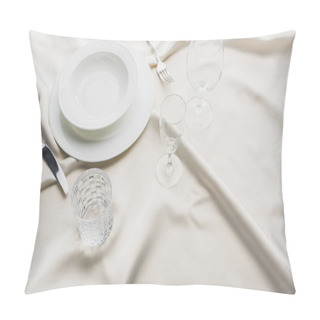Personality  High Angle View Of Serving Tableware With Glasses On White Tablecloth Pillow Covers