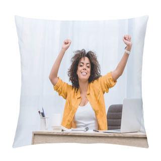 Personality  Beautiful Young Woman Performing Victory Dance At Workplace Pillow Covers