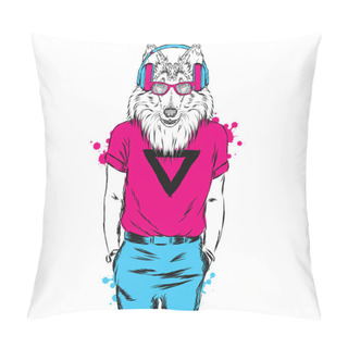 Personality  Collie Headphones And Clothing. The Dog Hipster. Vector Illustration. Pillow Covers