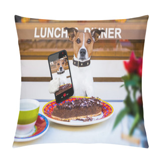 Personality  Dog Eating Cake And Tea At Resataurant Selfie  Pillow Covers