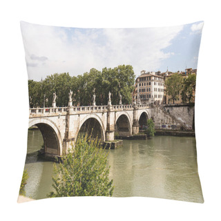 Personality  ROME, ITALY - JUNE 28, 2019: River Tiber And People On Old Bridge Under Cloudy Sky In Sunny Day Pillow Covers
