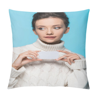 Personality  Pensive Woman In Sweater Holding Blank Card Isolated On Blue Pillow Covers