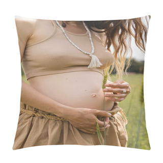 Personality  Cropped View Of Pregnant Woman Holding Green Spikelet Near Belly In Field  Pillow Covers
