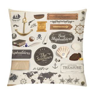 Personality  Scrapbooking Kit: Marine Holiday Elements Collection. Ship, Map, Moorings, Seashells With Pearl And Wood Banners Set. Old Paper Texture And Retro Frames. Pillow Covers