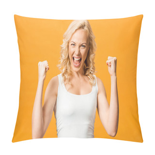 Personality  Excited Blonde Woman Looking At Camera And Celebrating Triumph Isolated On Orange  Pillow Covers