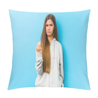 Personality  Young Sporty Woman Showing Fist To Camera, Aggressive Facial Expression. Pillow Covers