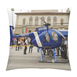 Personality  Image Showing A Pasadena Police Department Helicopter At The Pasadena Chalk Festival Car Show. Pillow Covers