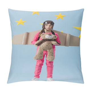 Personality  Curious Child With Cardboard Wings Holding Teddy Bear On Blue Starry Background Pillow Covers