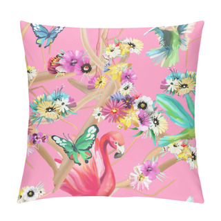 Personality  Hand Painted Flamingo, Hummingbirds, Butterflies And Flowers, Summer Seamless Pattern On Pink Background Pillow Covers