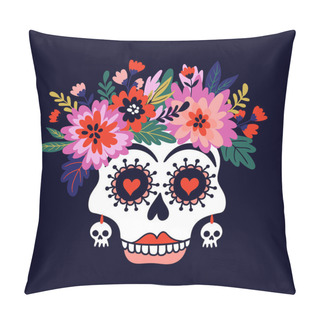 Personality  Skull With Flower Wreath In Santa Muerte Style On Dark Blue Background  Pillow Covers