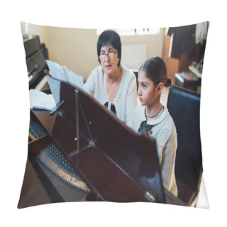 Personality  Piano Lessons At  Music School, Teacher And Student. Pillow Covers