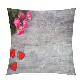 Personality  Closeup Footage Of Pink Roses And Red Candles In Shape Of Heart Lying On Grey Wooden Surface Pillow Covers