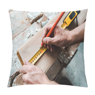 Personality  Cropped View Of Repairman Holding Pencil While Measuring Wooden Plank  Pillow Covers