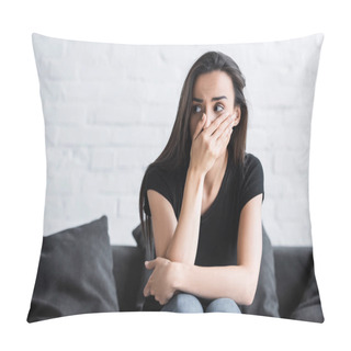 Personality  Scared Young Woman Holding Hand On Face And Looking Away While Suffering From Panic Attack At Home Pillow Covers