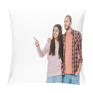 Personality  Happy Young Interracial Couple Pointing With Finger Away Isolated On White Pillow Covers