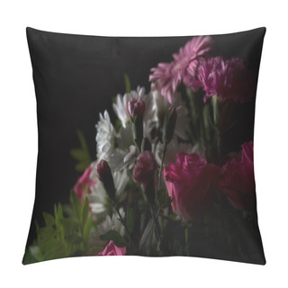 Personality  A Bouquet Of Pink Carnations And Rose With White Chrysantemums And Pink Gerberas On Black Background Pillow Covers