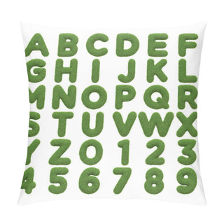 Personality  Complete Set Of Alphabet Letters And Numerals From Zero To Nine With A Lush Green Grass Texture, Isolated On White Background. Eco-friendly Concept. Front View. 3D Render Illustration Pillow Covers