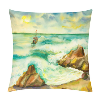 Personality  Watercolor Seascape Original Painting Colorful Of Fishing Boat Family, Lifestyle And Emotion In Sun, Sky Clouds Bottom Background. Painted Impressionist Illustration Pillow Covers