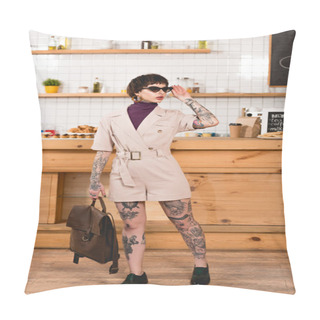 Personality  Fashionable, Tattooed Businesswoman In Sunglasses Standing At Bar Counter In Cafeteria Pillow Covers